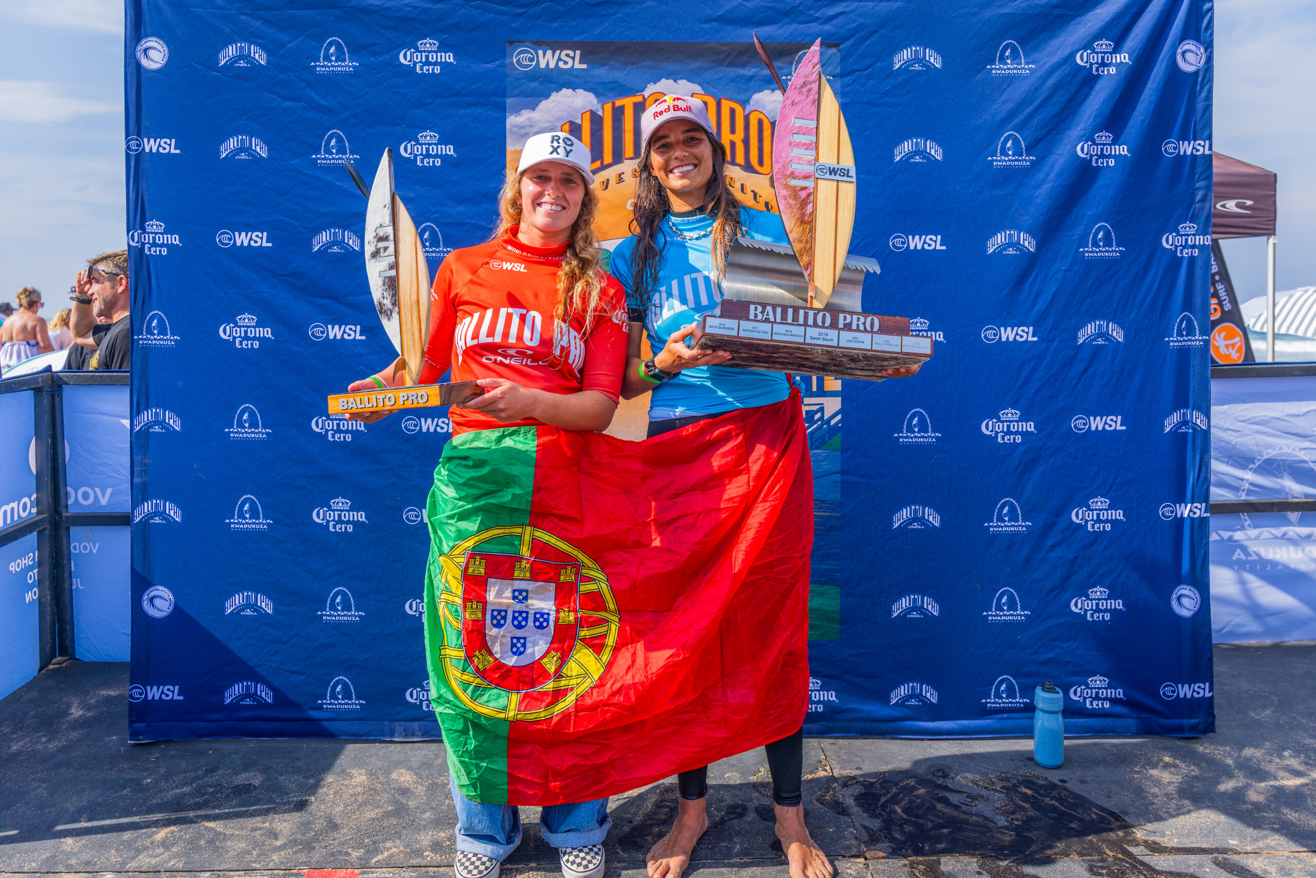 BALLITO, KWAZULU-NATAL, SOUTH AFRICA - JULY 18: (L-R) Francisca Veselko and Teresa Bonvalot of Portugal at the Ballito Pro on July 18, 2026 at Ballito, KwaZulu-Natal, South Africa. (Photo by Pierre Tostee/World Surf League)