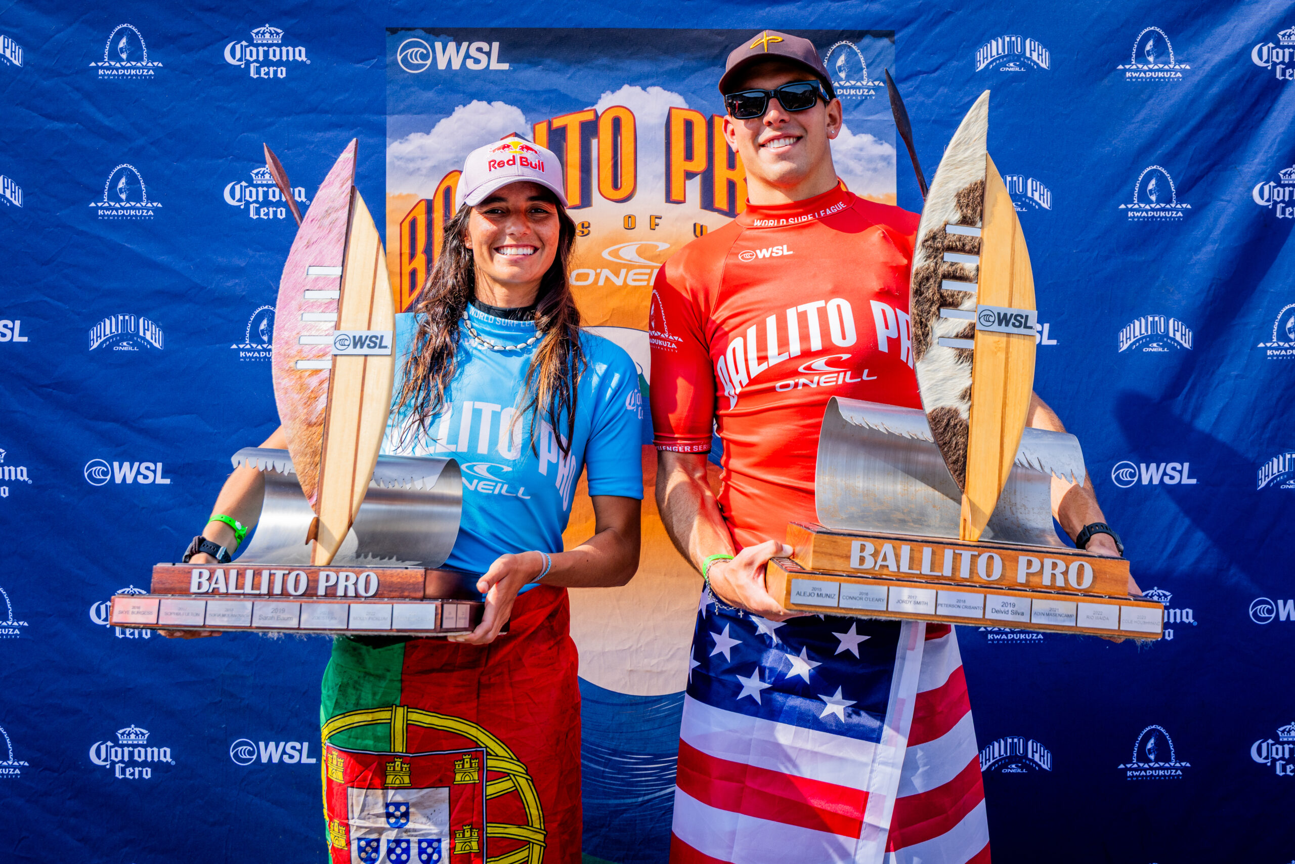 BALLITO, KWAZULU-NATAL, SOUTH AFRICA - JULY 18: (L-R) Teresa Bonvalot of Portugal and Cole Houshmand of the United States at the Ballito Pro on July 18, 2026 at Ballito, KwaZulu-Natal, South Africa. (Photo by Pierre Tostee/World Surf League)