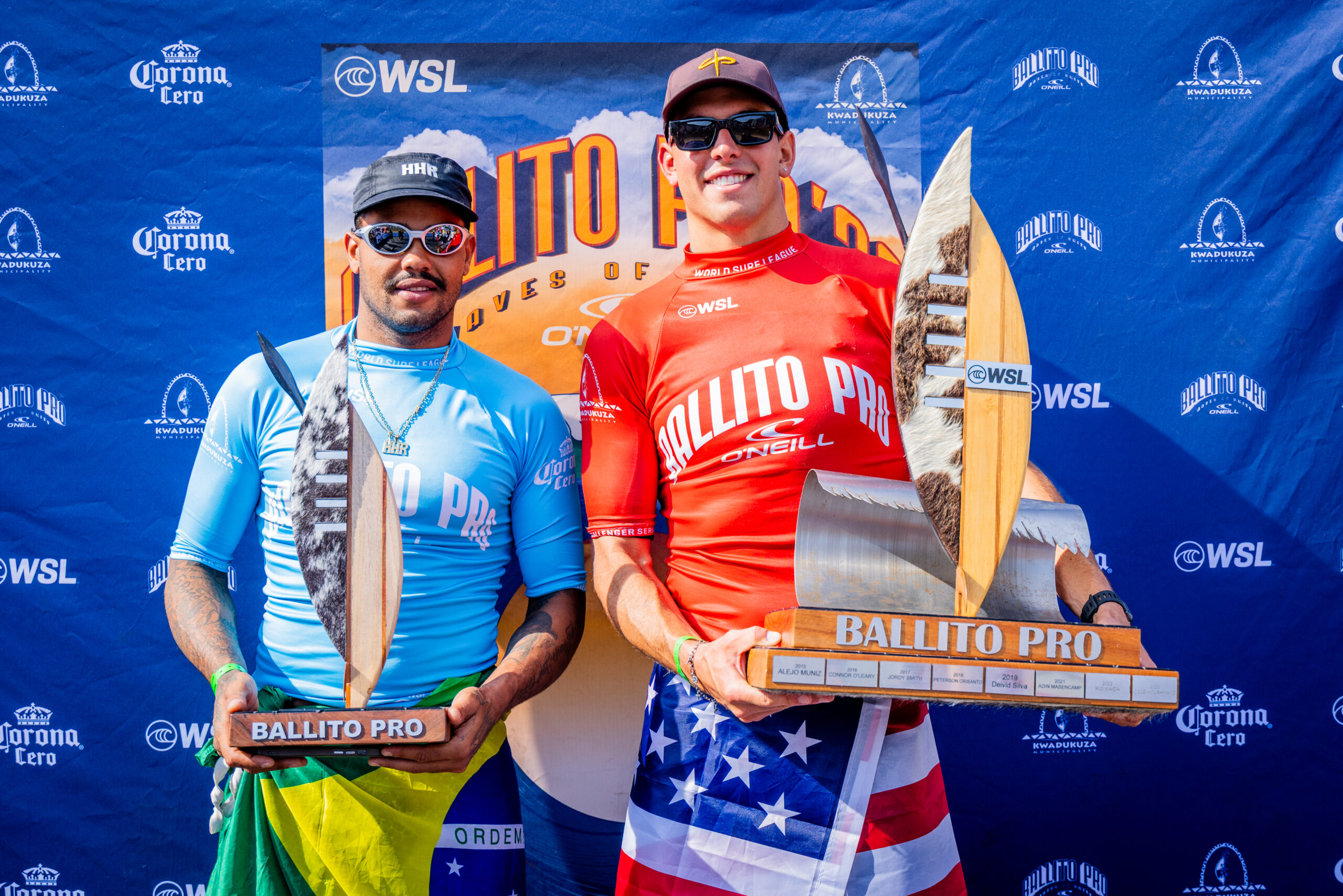 BALLITO, KWAZULU-NATAL, SOUTH AFRICA - JULY 18: (L-R) Weslley Dantas of Brazil and Cole Houshmand of the United States at the Ballito Pro on July 18, 2026 at Ballito, KwaZulu-Natal, South Africa. (Photo by Pierre Tostee/World Surf League)